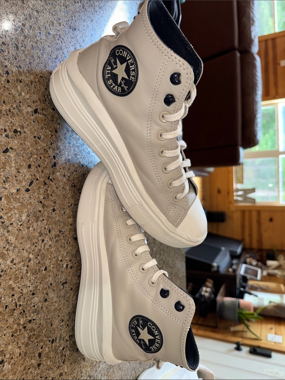 Converse High Top Platform Sneakers in Light Cream with Black Patch - Picture 4 of 4